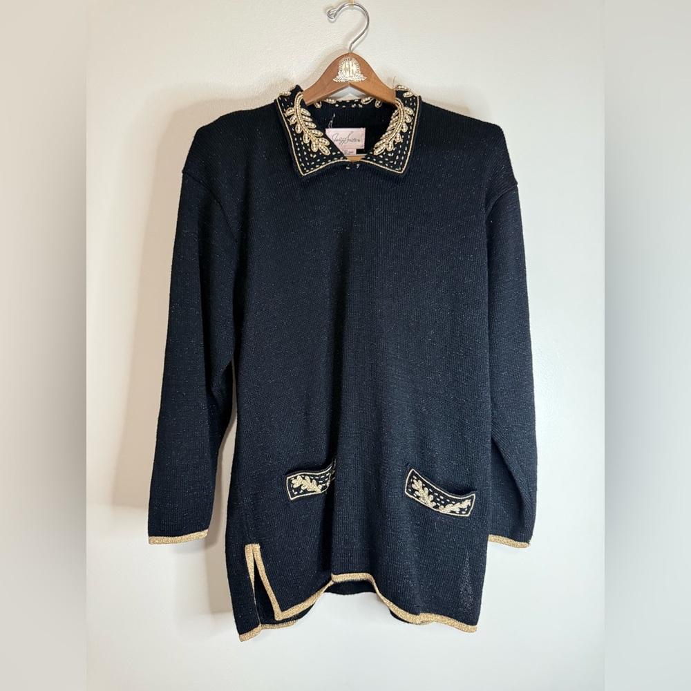 Jaclyn Smith Vintage Black and Gold beaded Women's tunic  Sweater size large